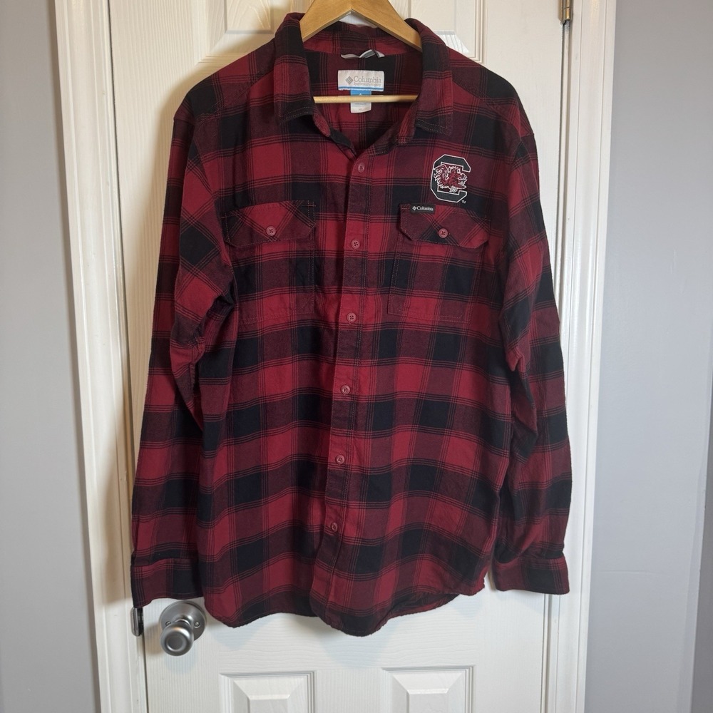 Columbia Mens Shacket Shirt Button Up Gamecocks Buffalo Plaid Red Black Size XL